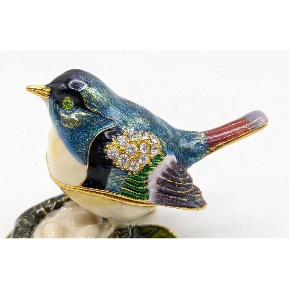 Bejeweled Bird Trinket Box, Enamel & Rhinestone Trinket Box, Blue Bird